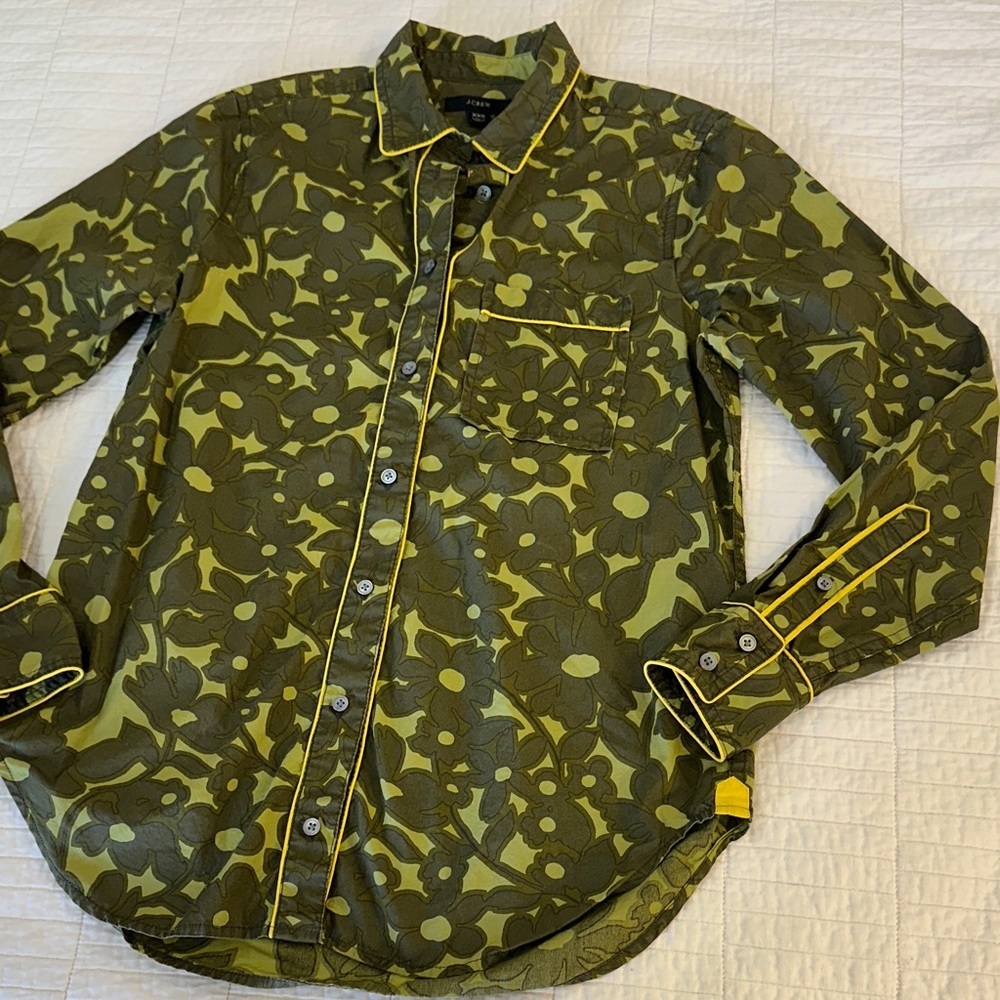 J. Crew XXS Button Down Collar Long Sleeve Shirt Green Floral Yellow Piping - Picture 4 of 9